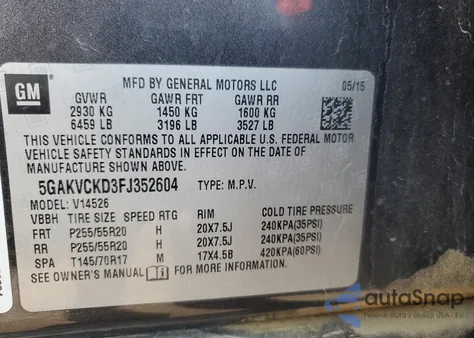 2015 Buick Enclave из США, поврежденный, VIN 5GAKVCKD3FJ352604